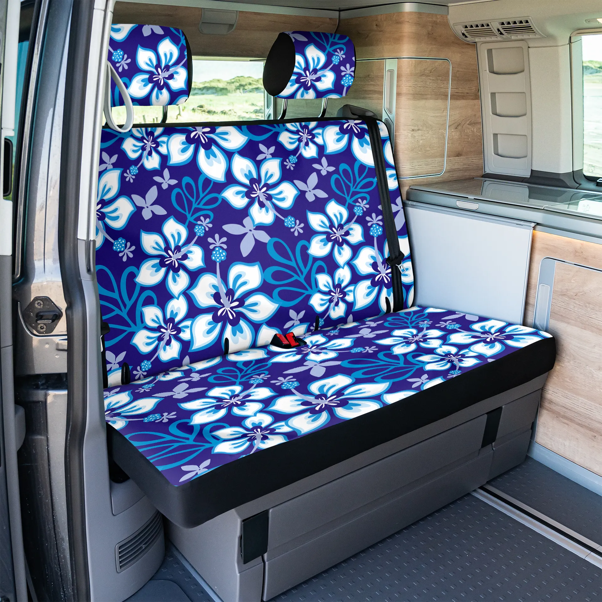 VW T5 / T6 / T6.1 California Rückbankbezug (2er) inkl. Kopfstützenbezüge - Hibiskus blau