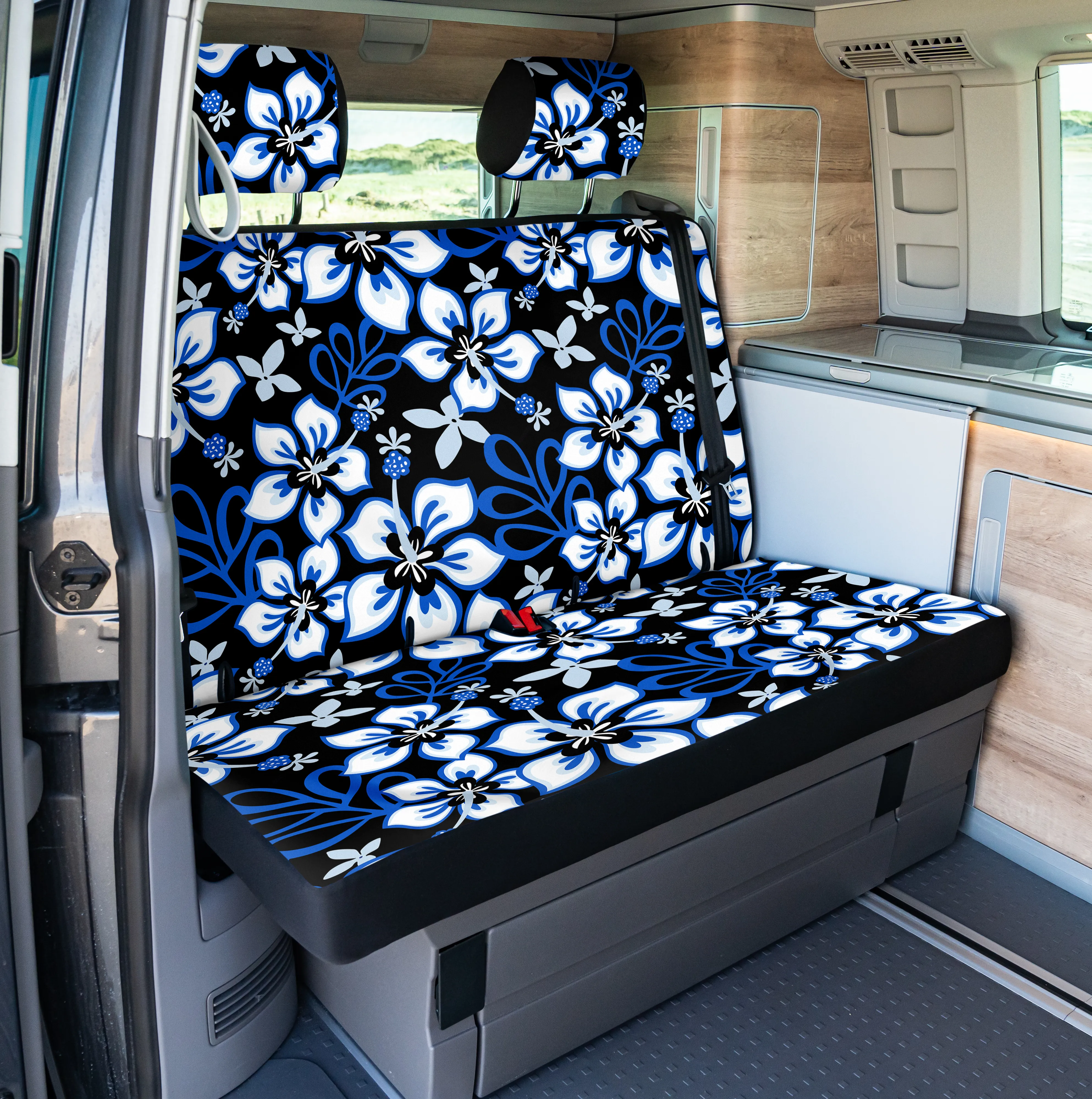 VW T5 / T6 / T6.1 California Rückbankbezug (2er) inkl. Kopfstützenbezüge - Hibiskus schwarz