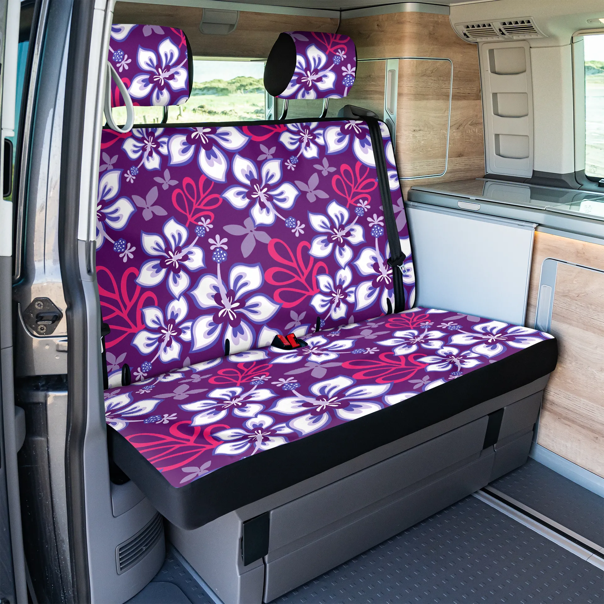 VW T5 / T6 / T6.1 California Rückbankbezug (2er) inkl. Kopfstützenbezüge - Hibiskus lila
