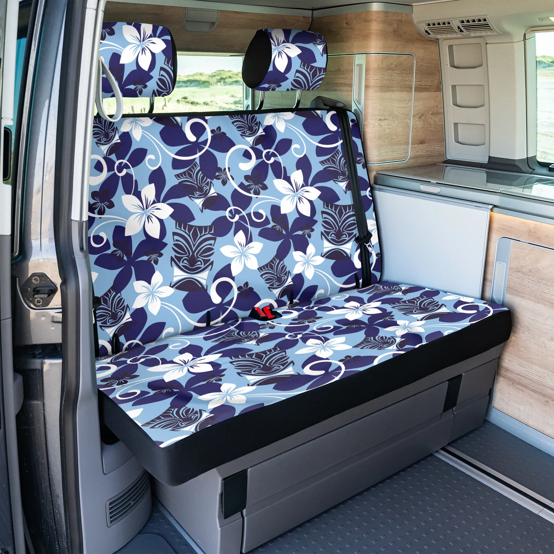 VW T5 / T6 / T6.1 California Rückbankbezug (2er) inkl. Kopfstützenbezüge - Tiki Maske blau VW T5 / T6 / T6.1 California Rückbankbezug (2er) inkl. Kopfstützenbezüge - Tiki Maske blau