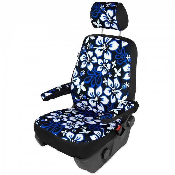 Paar Sitzbezüge (geteilt), Hibiskus schwarz - mit Airbag-Reißnaht, inkl. Kopfstützenbezügen