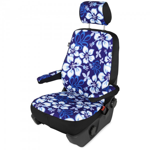 Paar Sitzbezüge (geteilt), Hibiskus blau - mit Airbag-Reißnaht, inkl. Kopfstützenbezügen